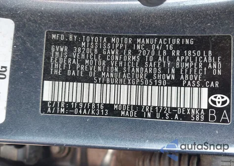 2016 Toyota Corolla Le z USA, uszkodzony, nr VIN 5YFBURHEXGP505190